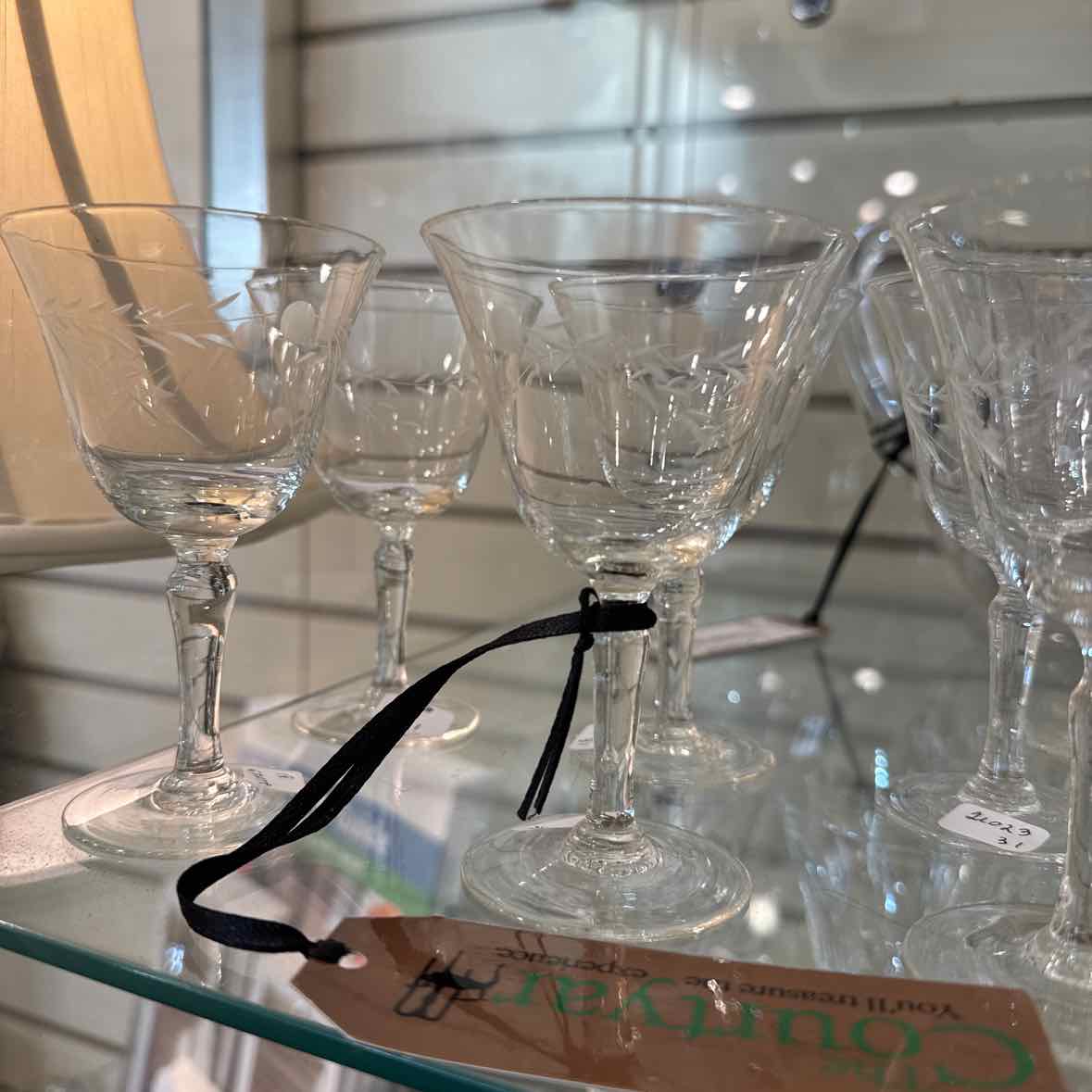 Set of 7 Etched Glass Wine Glasses
