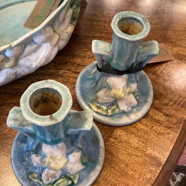 "As Is" Pair Of Roseville Clematis Candle Holders