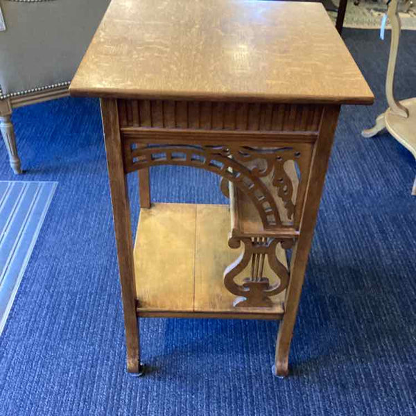 Vintage Lyre Quarter Saw Oak Side Table