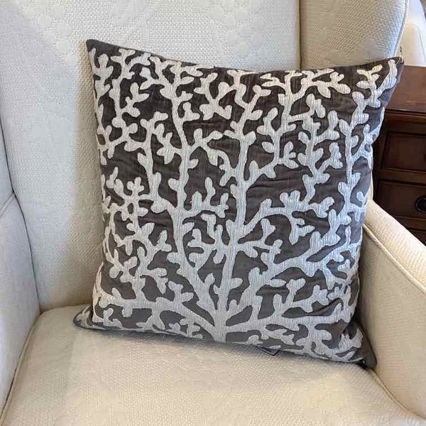 Grey Velvet & White Coral Applique Pillow