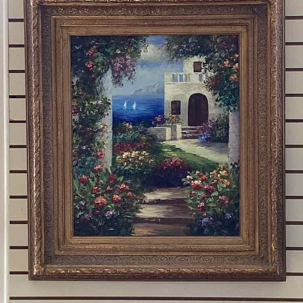 Floral Garden Oil Painting in Ornate Frame