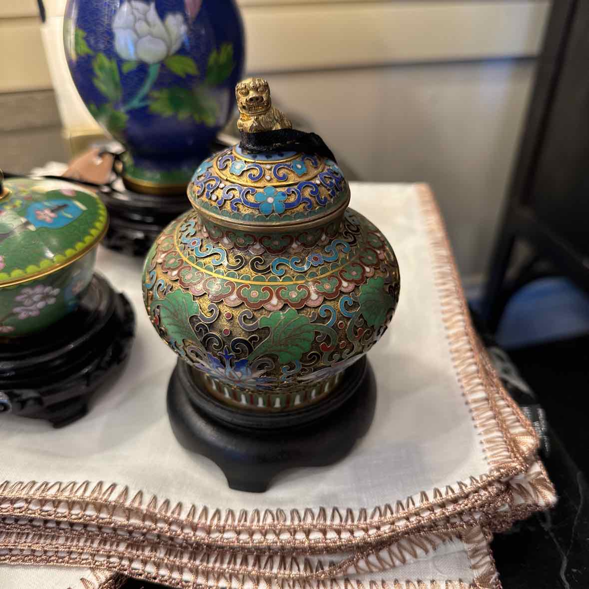 Cloisonne Enamel Lidded Pot w/Stand