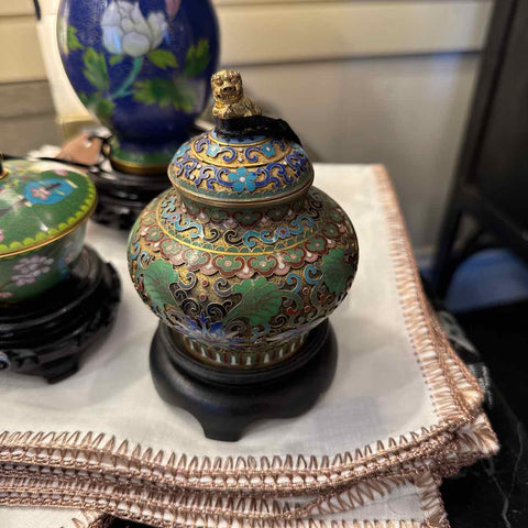 Cloisonne Enamel Lidded Pot w/Stand