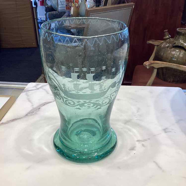 Green Glass Vase with Etched Viking Ship