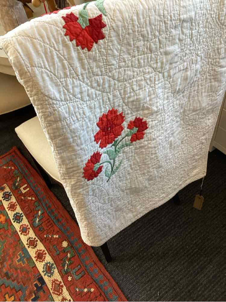 Hand Sewn White Quilt with Red Flowers