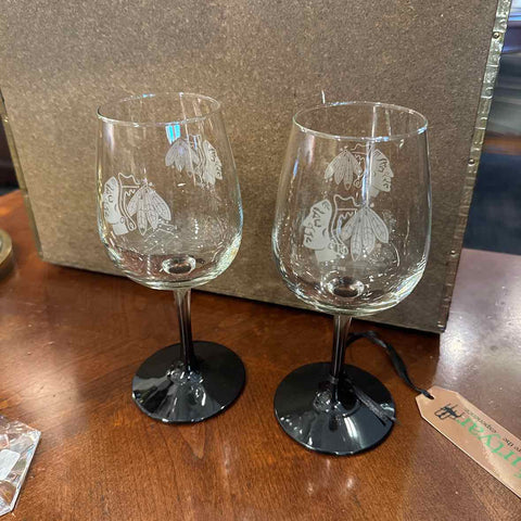 Pair of Blackhawks Wine Glasses