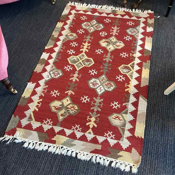 Maroon And Tan Dhurrie Rug