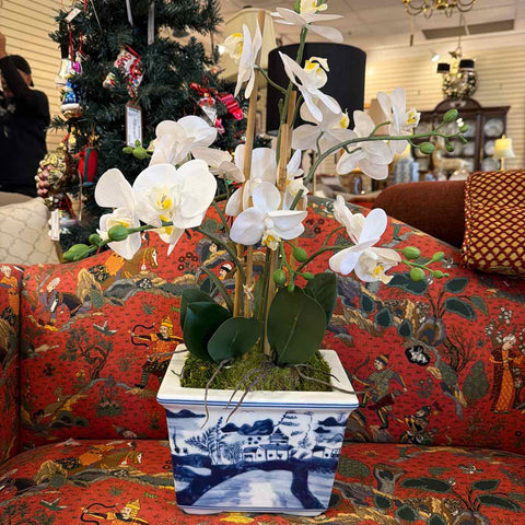 Blue/White Container - Faux Orchids