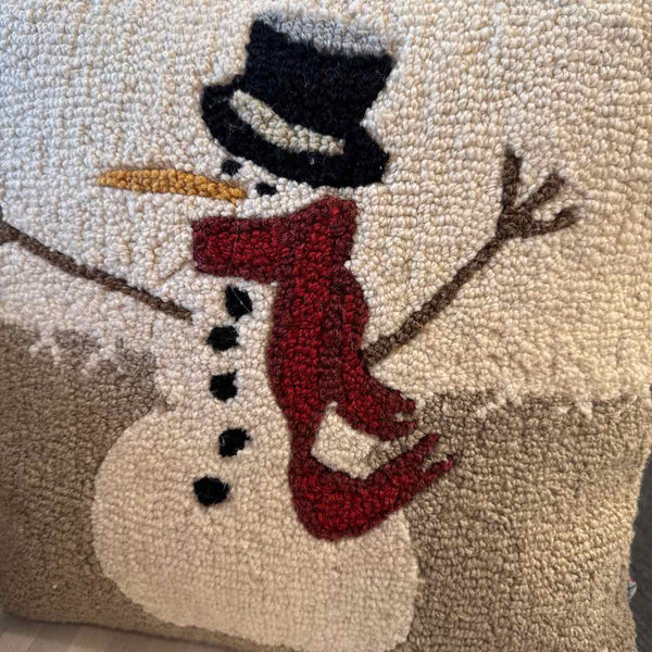18" Sq. Snowman Hooked Wool Pillow