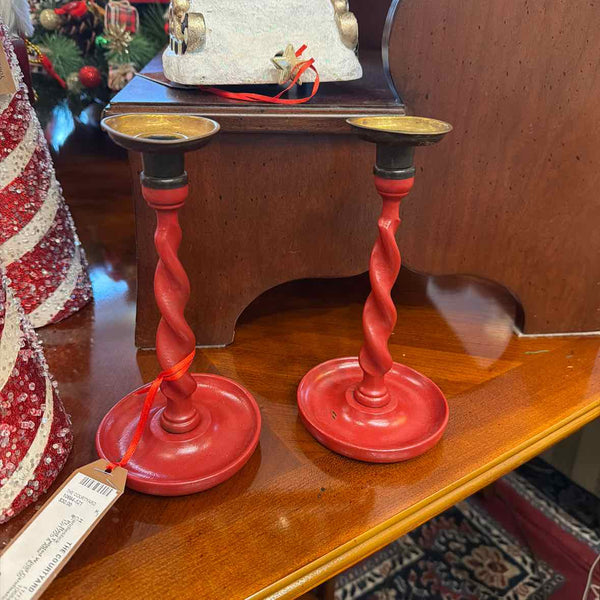 Pr. Red Twisted Candlesticks - Wood