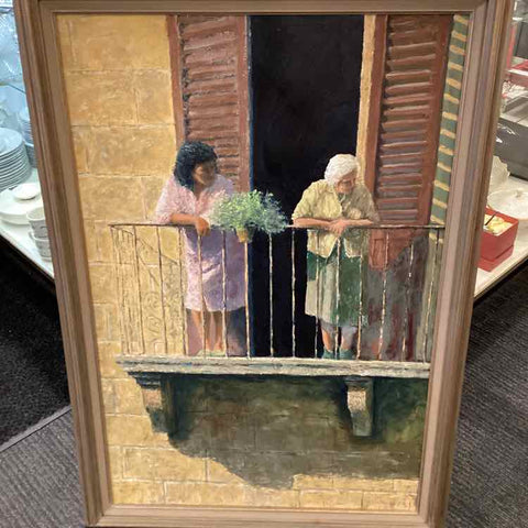 Framed Oil Painting of Two Women on Balcony