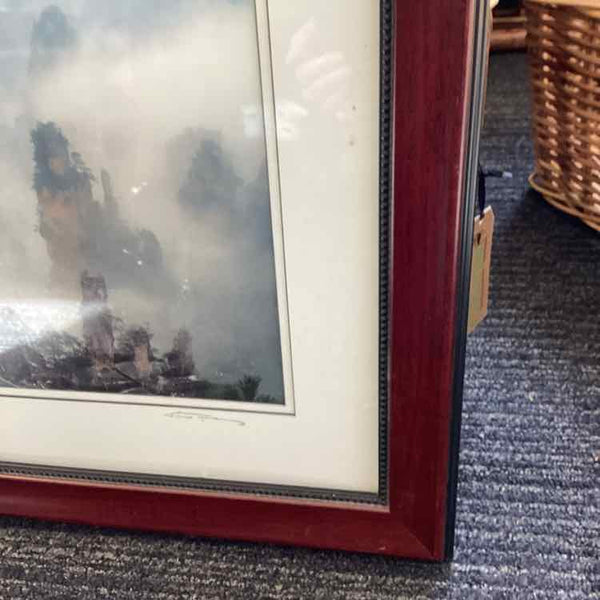 Framed Chinese Misty Mountain Art Work