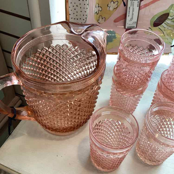 Miss America Depression Glass Pitcher w/ 6 Glasses (Pink)