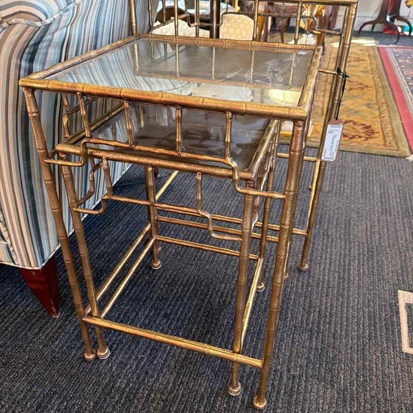 Gold Bamboo Nesting Tables with Mirrored Tops - Set of 3
