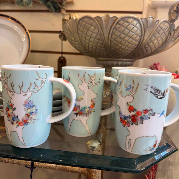 4 Pale Blue Reindeer Mugs