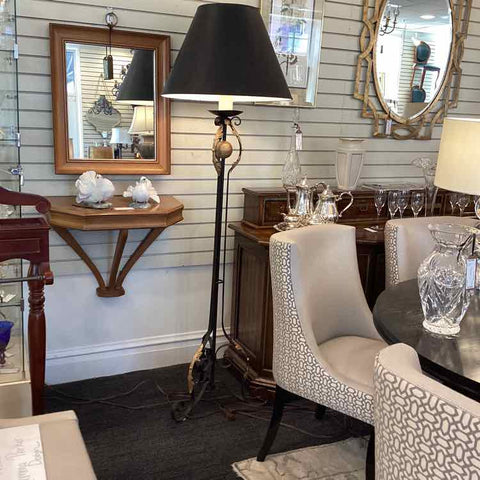 Black & Gold Iron Floor Lamp with Feather Detail