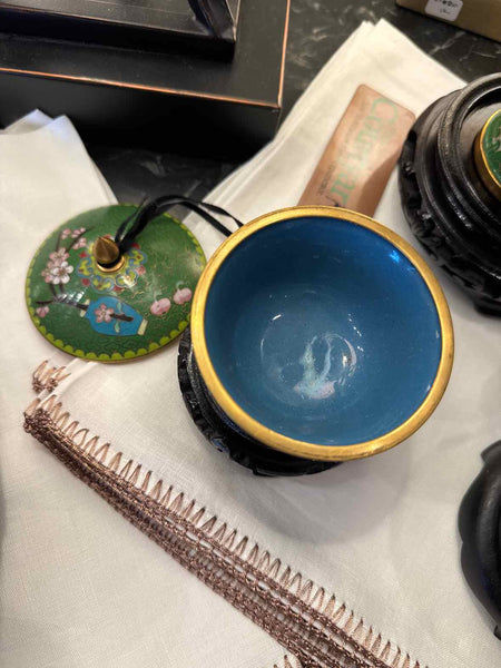 Chinese Cloisonne Green Bowl w/Stand