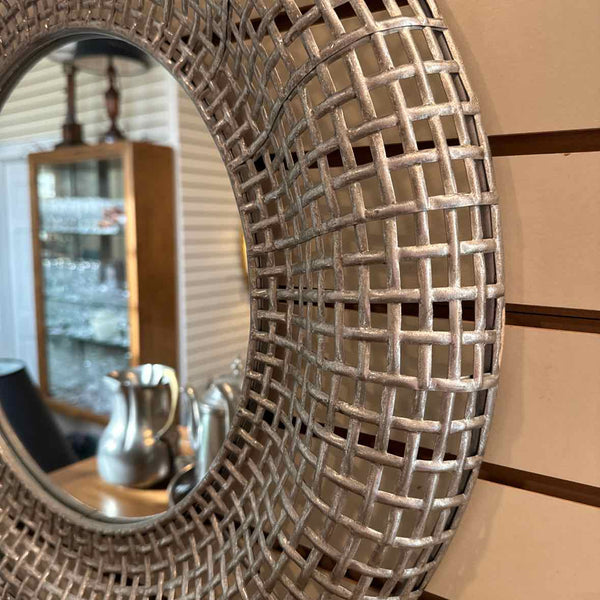 Silver Basketweave Round Mirror