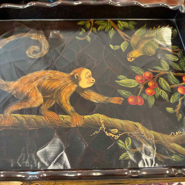 Black Lacquer Monkey And Parrot Tray