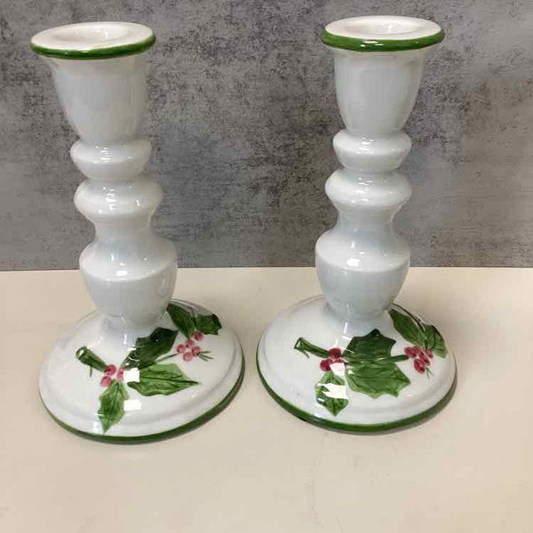 Hand-Painted Holly Candlesticks