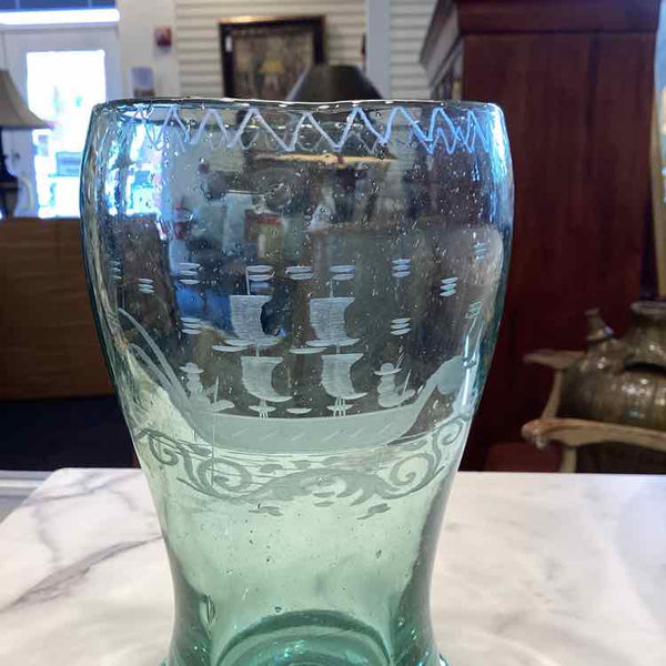 Green Glass Vase with Etched Viking Ship