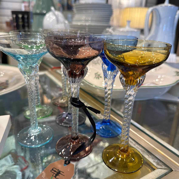 Set of 7 Crystal Twisted Stem Multicolored Glasses