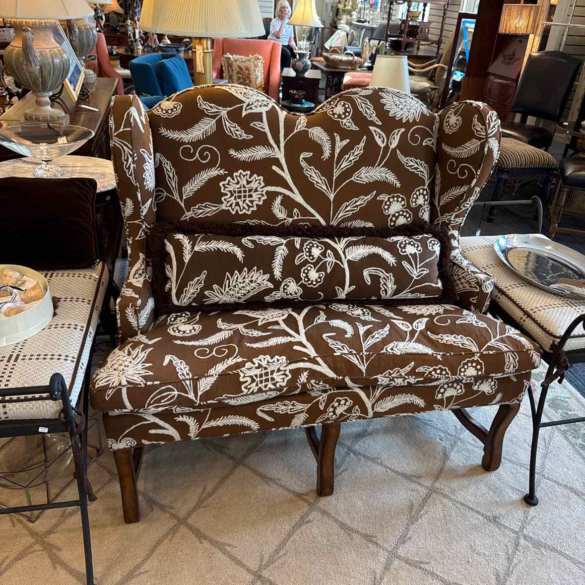 Crewel Fabric Interior Crafts Settee With Pillow