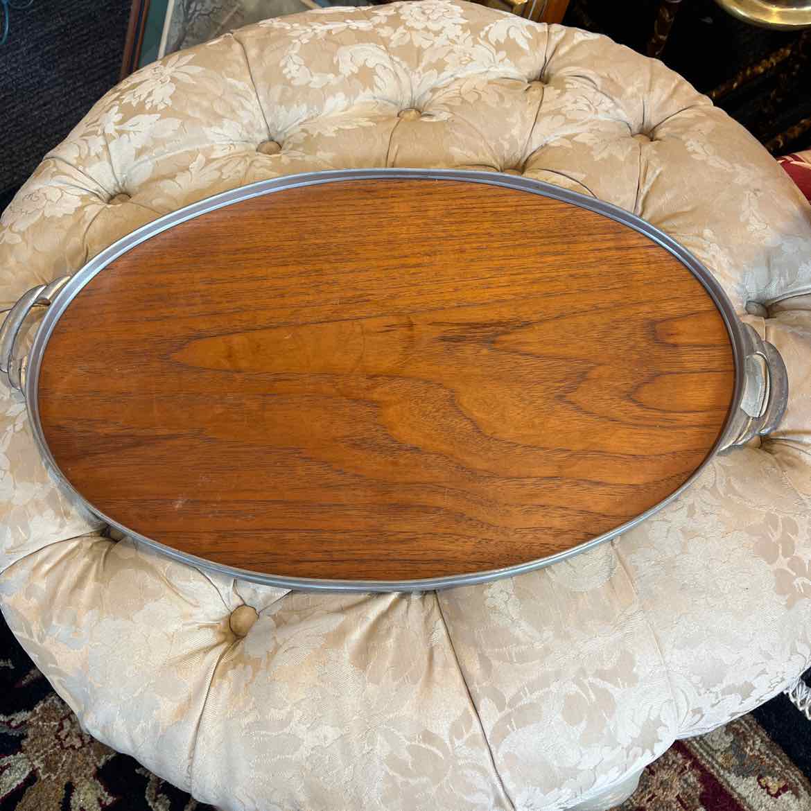 "As Is" Oval Wood/Pewter Tray