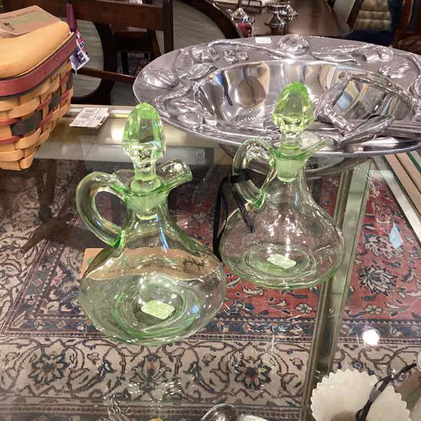 Pair Of Vintage Green Glass Cruets