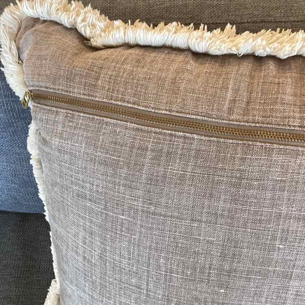 Taupe Pillow With Fringe/Down