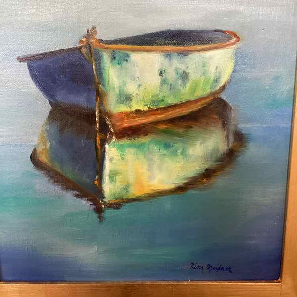 Blue Boat On Water Painting By Nina Meixner
