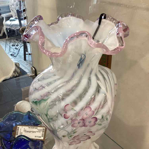 Fenton Hand Painted Orchid Crest Ruffled Vase - Signed