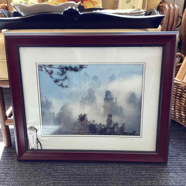 Framed Chinese Misty Mountain Art Work
