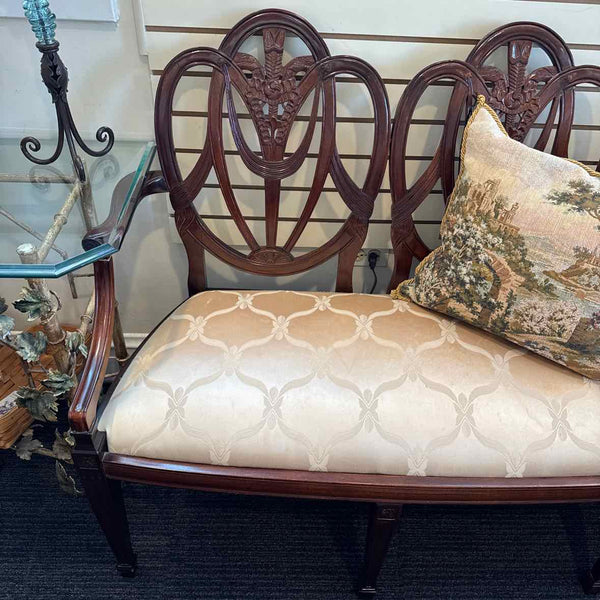 Wood Settee with Beige Fabric