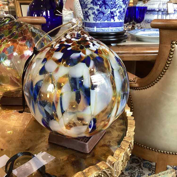 Blue, White And Orange Art Glass Ball