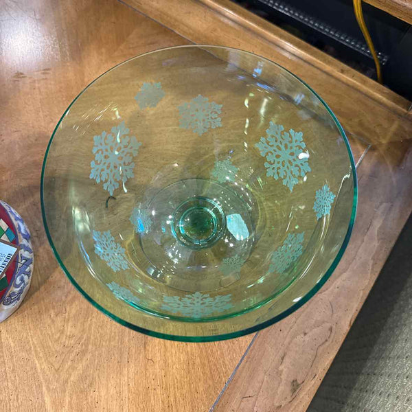 Green Glass Pedestal Bowl w/ Snowflakes