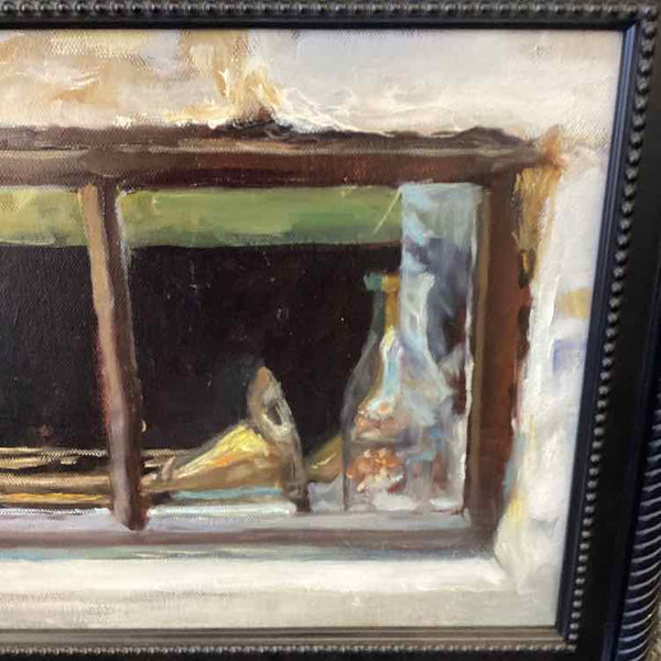Oil Painting Of Glass Bottles On Windowsill