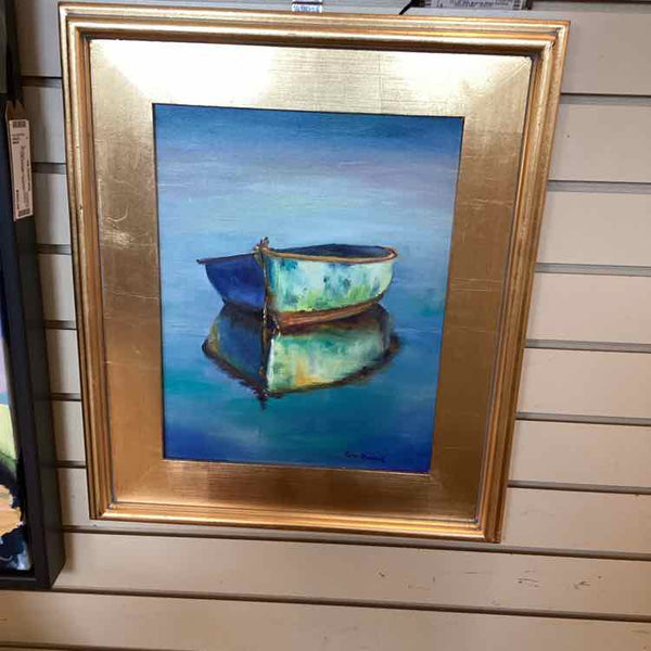 Blue Boat On Water Painting By Nina Meixner