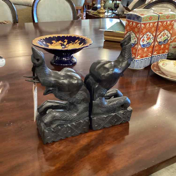 Wood Carved Elephant Bookends