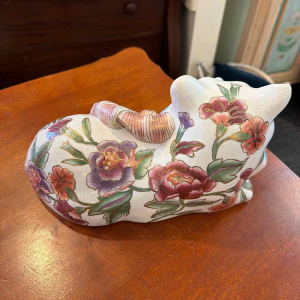 Ceramic Cat Figurine with Floral Pattern