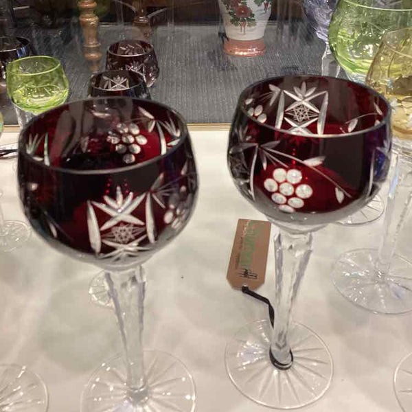 Three Dark Ruby Cut Crystal Glasses