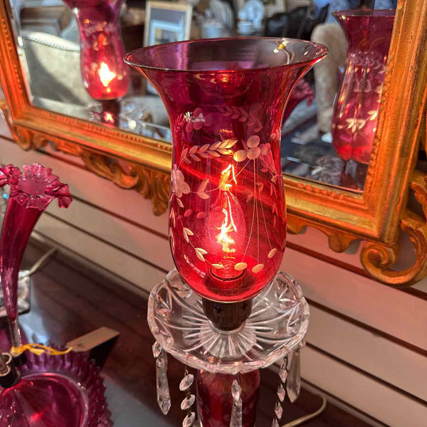 Pair Of Etched Cranberry Glass Hurricane Lamps