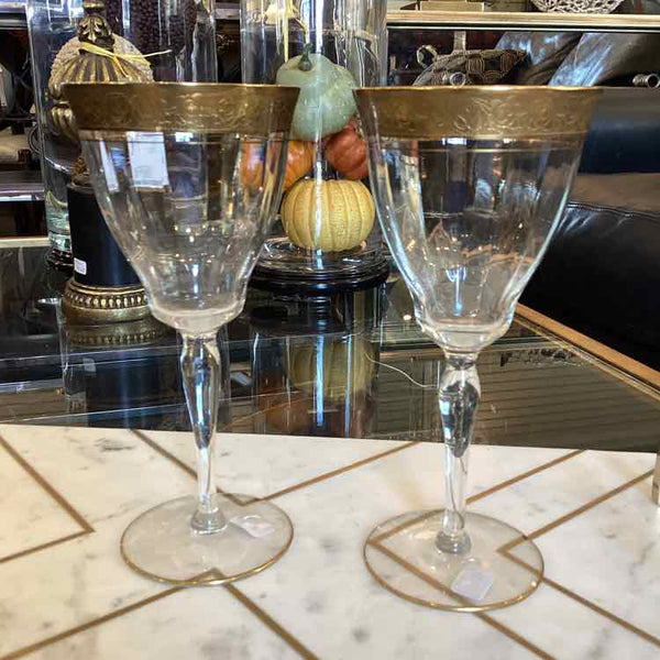 Pair of Glass Gold Rim Wine Glasses