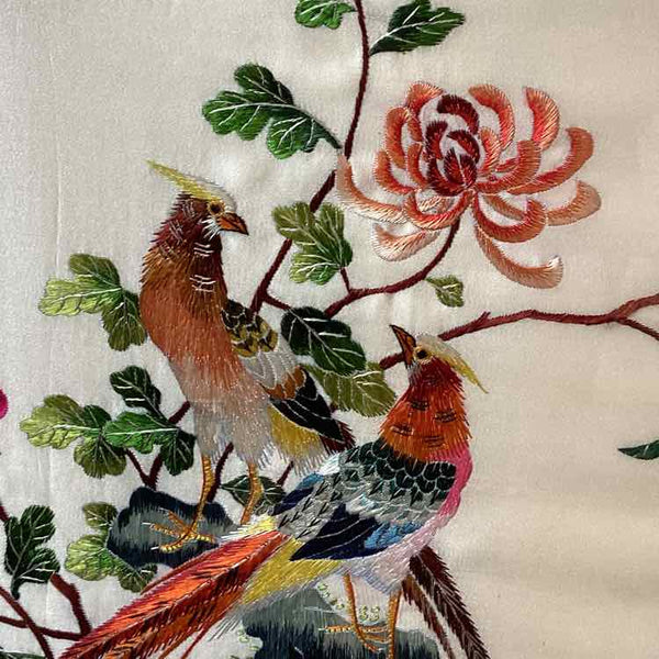Vintage Floral Bird Wall Art on Silk w/Gold Frame