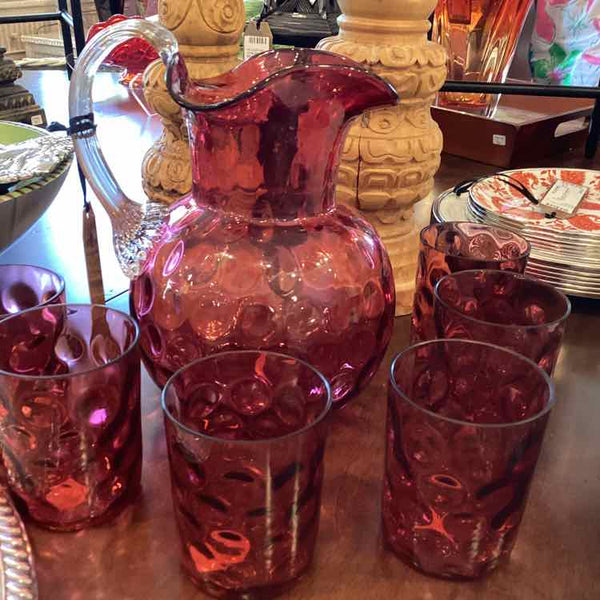 Cranberry Glass Pitcher And Six Glasses