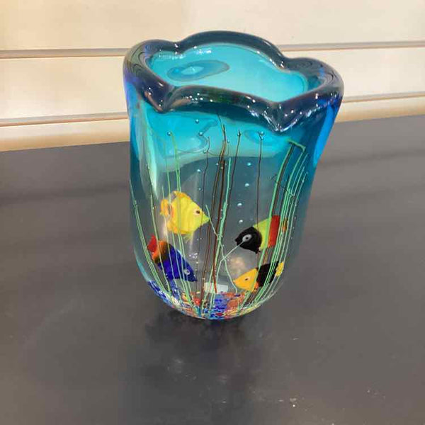 Murano Style Glass Vase With Fish And Flora