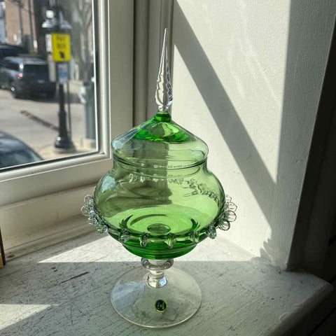 Green Glass Candy Dish w/Lid (Italy)