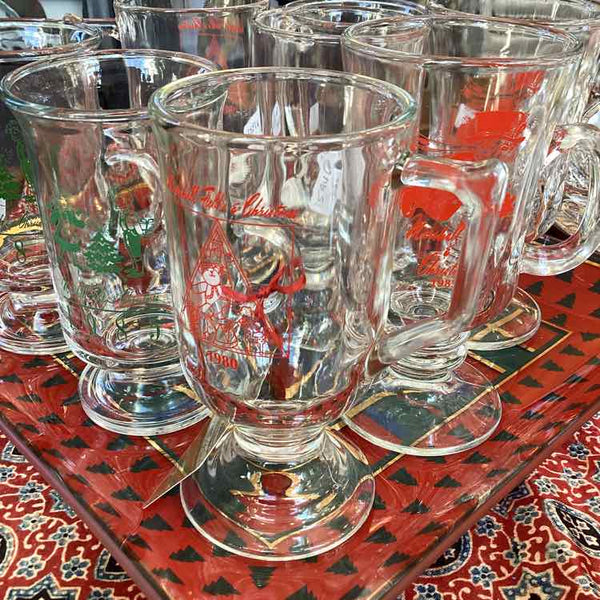 Set of 8 Marshall Field Clear Glass Christmas Mugs
