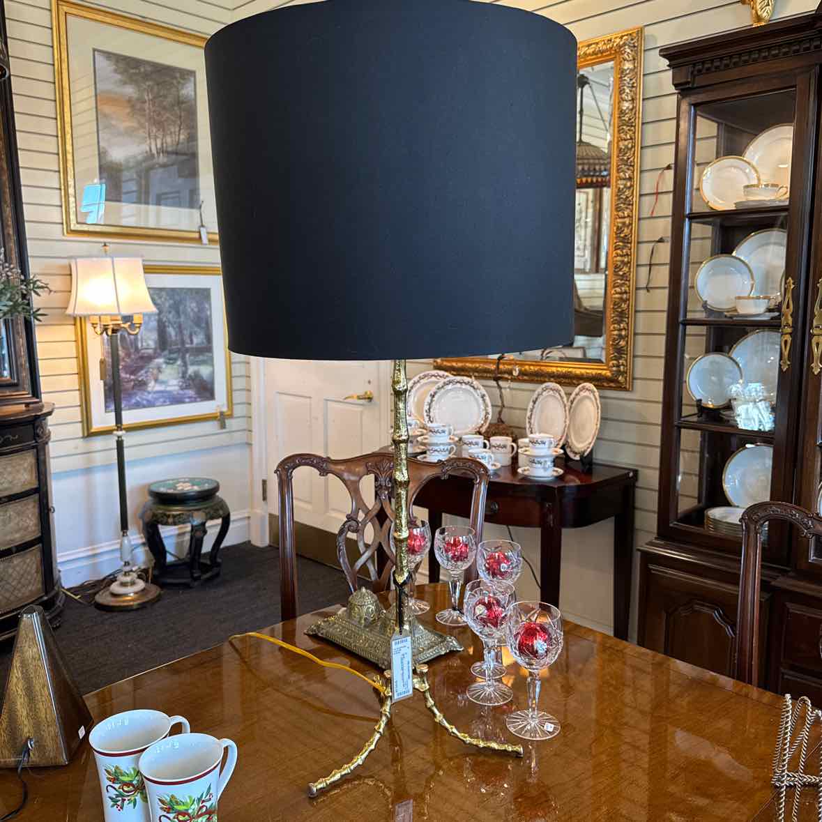 Pair of Gold Bamboo Lamps with Black Shades