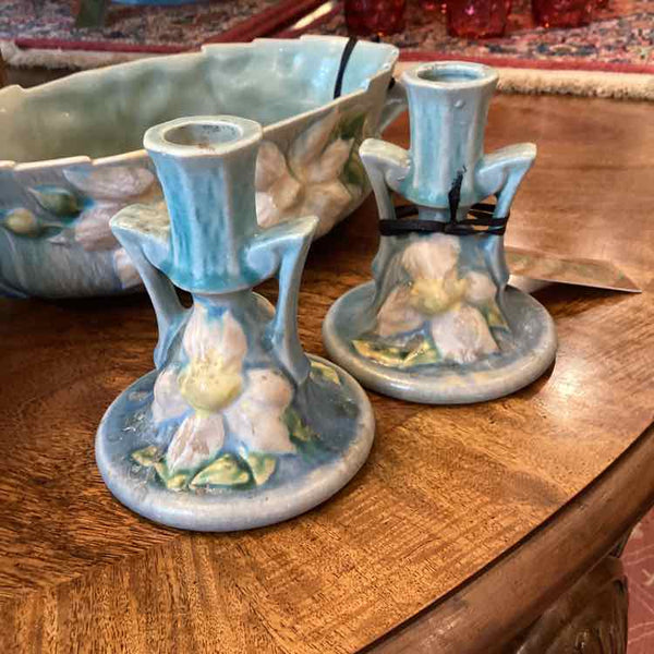 "As Is" Pair Of Roseville Clematis Candle Holders